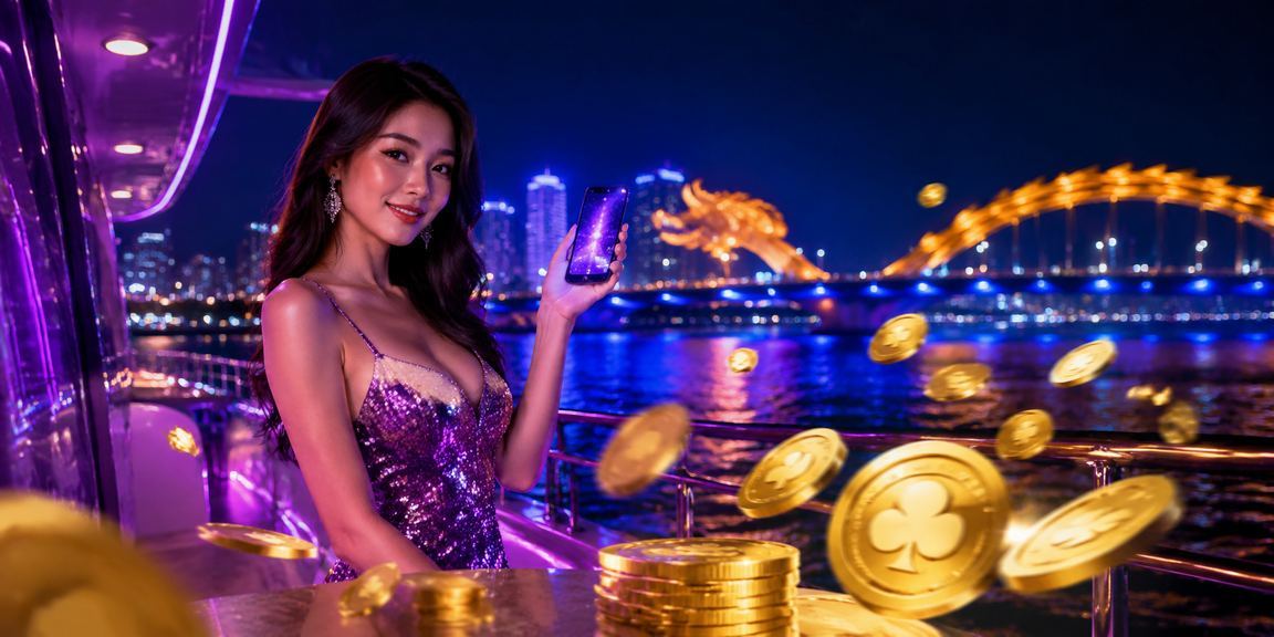 Người dùng tại Đà Nẵng trải nghiệm casino trên điện thoại di động với ánh đèn neon